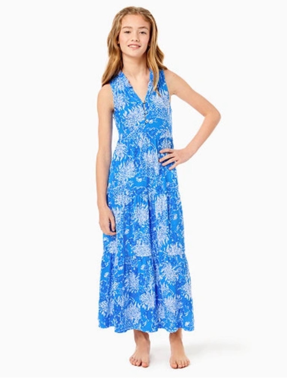 Lilly Pulitzer Blue and White Sleeveless Floral Maxi Dress